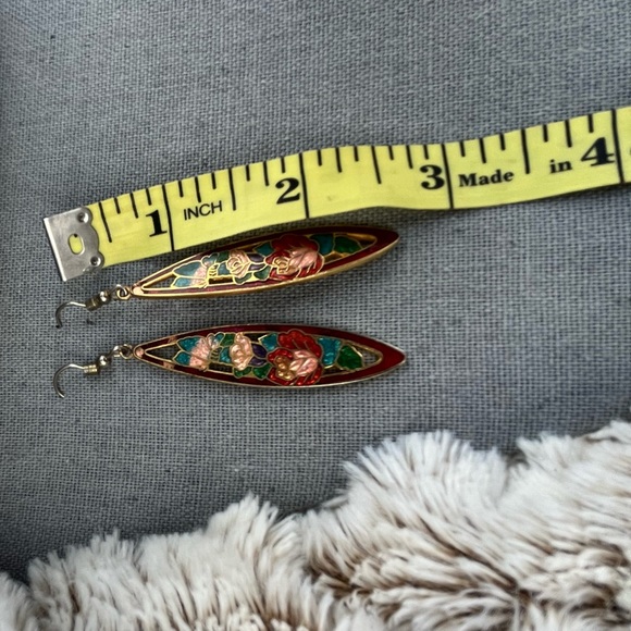 Vintage Floral Dangle Earrings • Cloisonné • Gold Tone - Picture 4 of 4